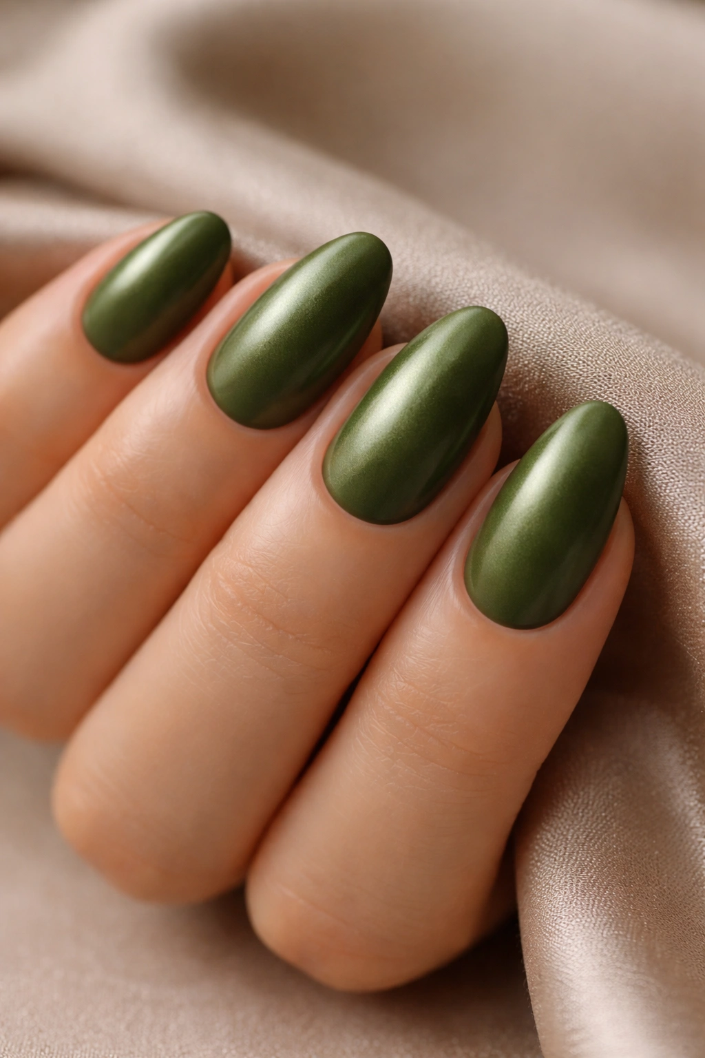 Close-up of short almond nails with a rich olive green satin finish on a neutral background