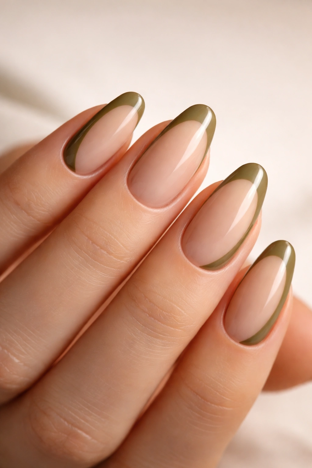 Nude nails with olive green side swoops