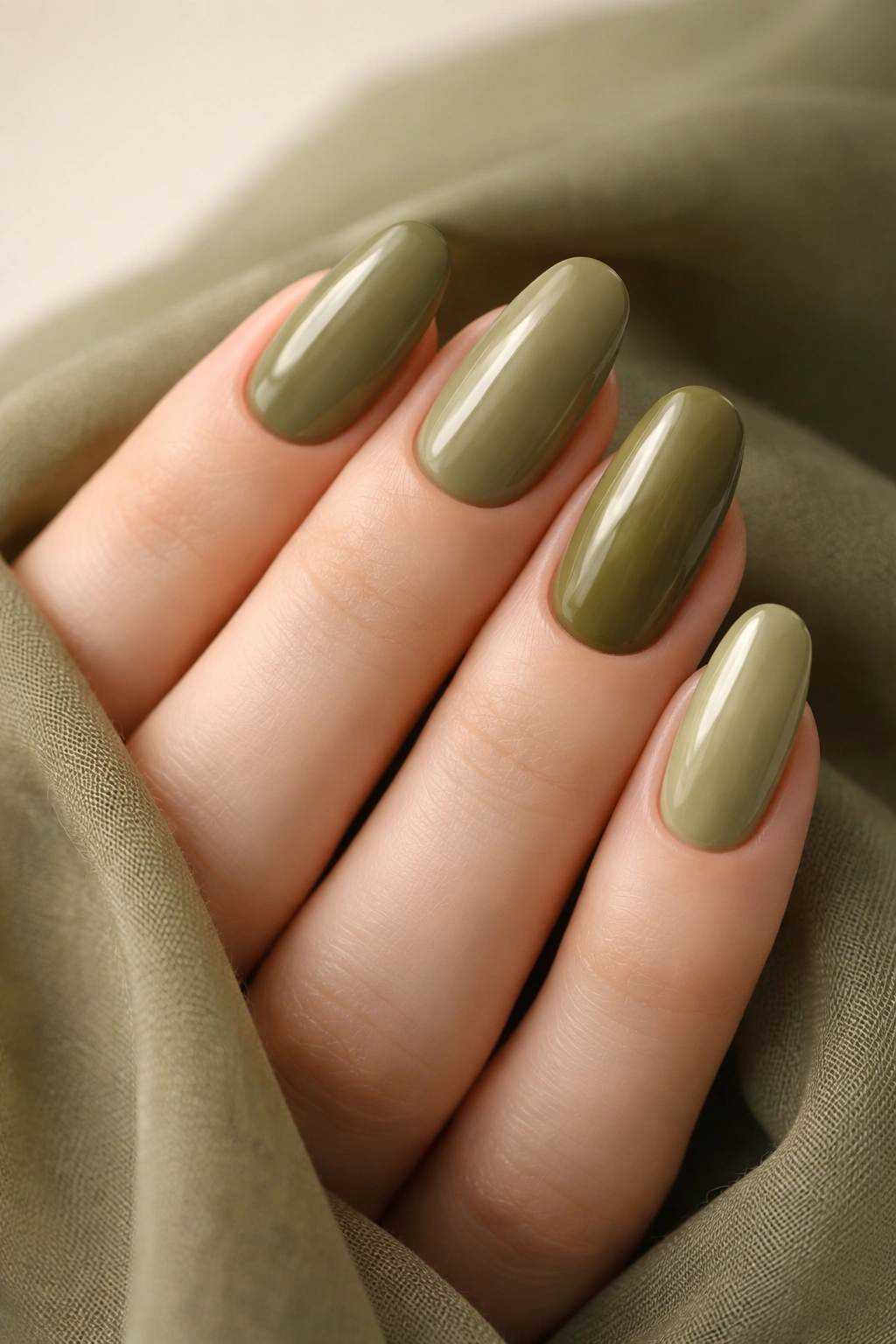 Olive green nails with subtle tonal variation on a hand