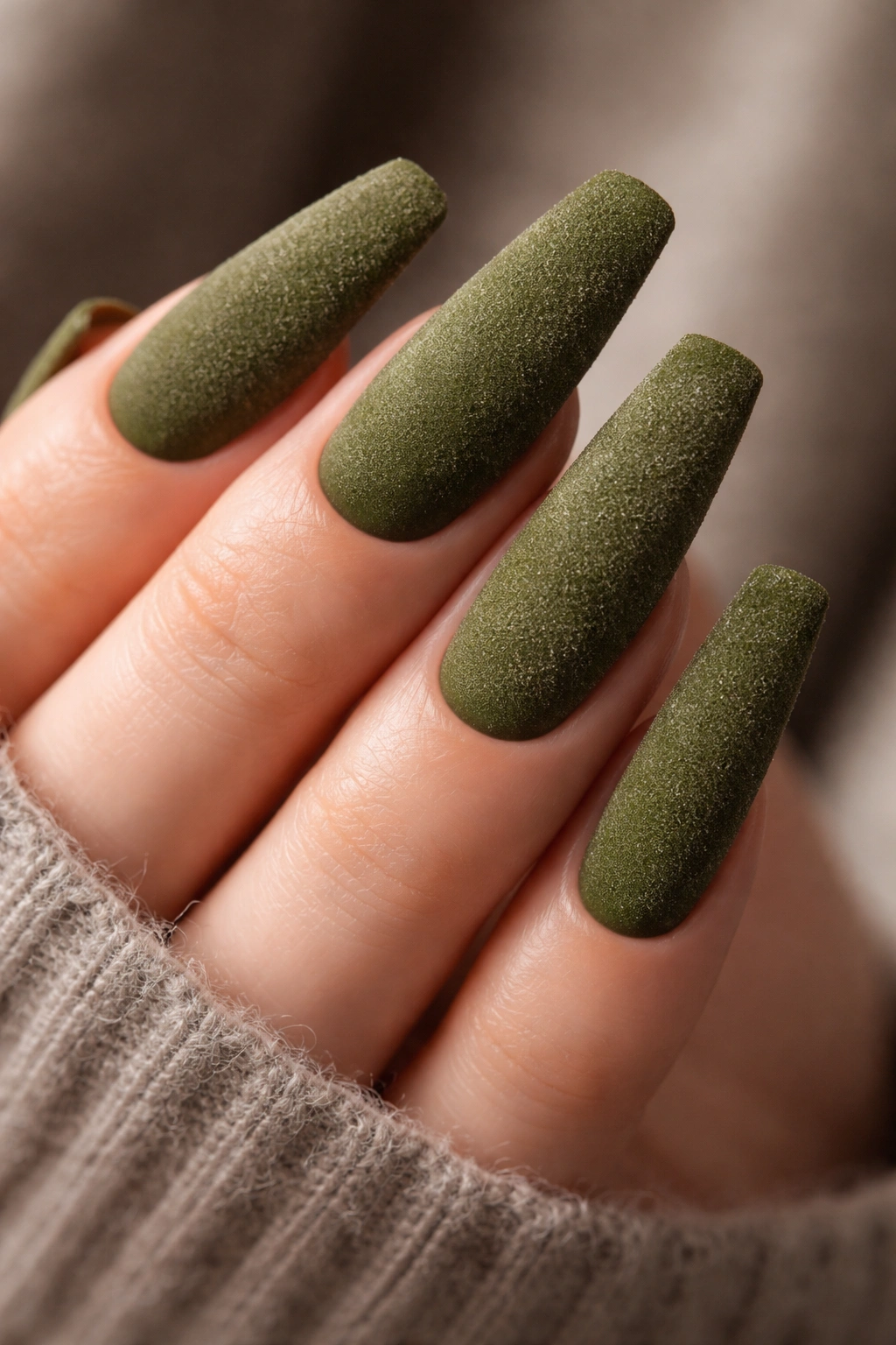 Close-up of olive-green matte coffin nails with velvet texture