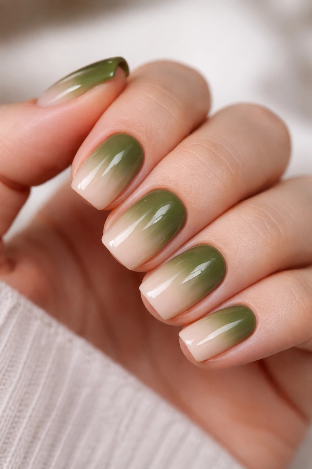 Close-up of olive green ombre nails fading to nude on short squoval nails
