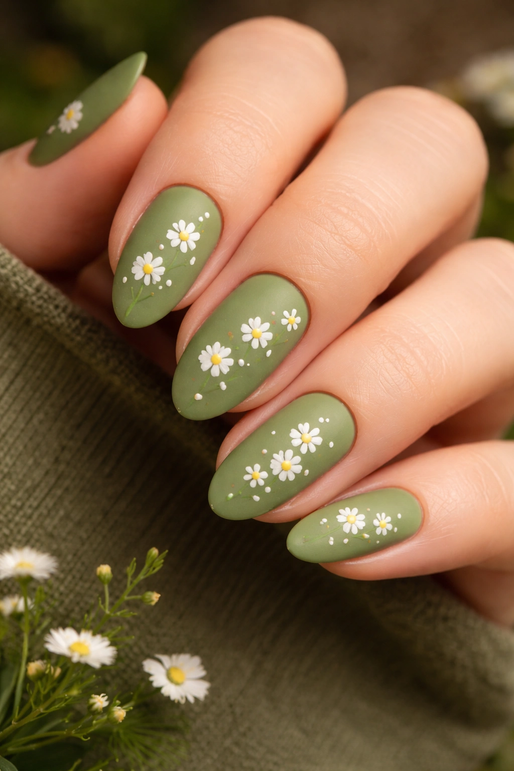 Olive green nails with hand-painted white wildflowers