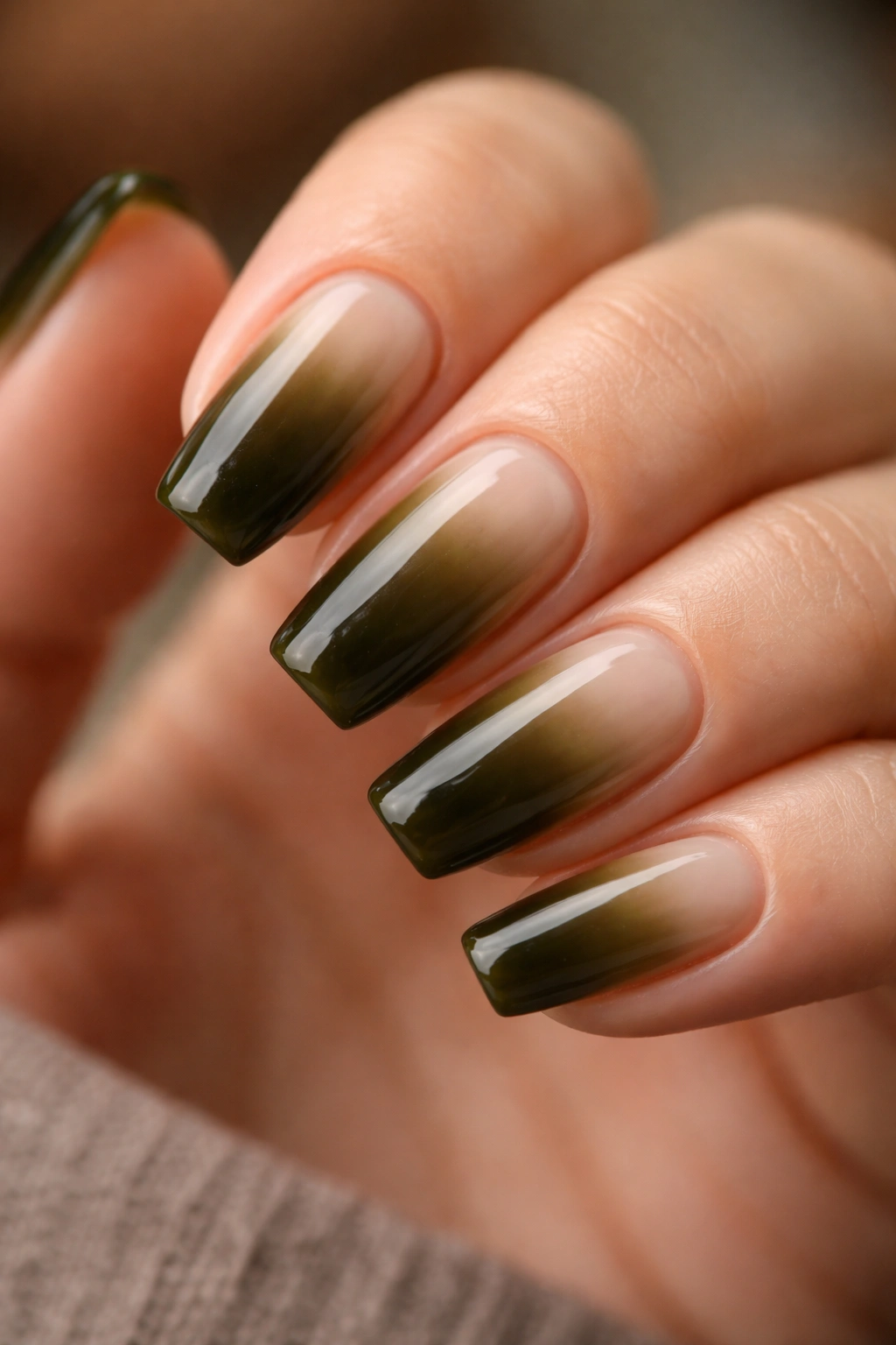 Deep olive jelly over milky base nails