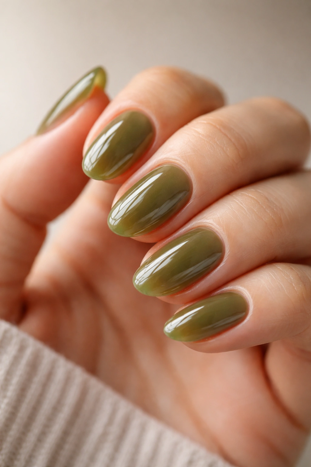Close-up of short almond nails with translucent olive green jelly finish