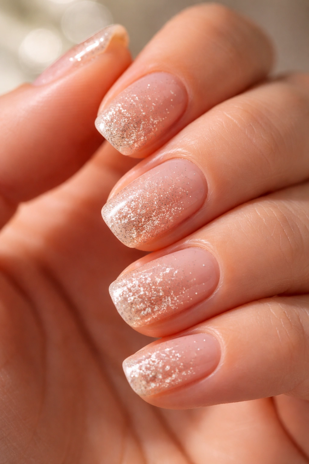 Champagne glitter gradient on short squoval nails