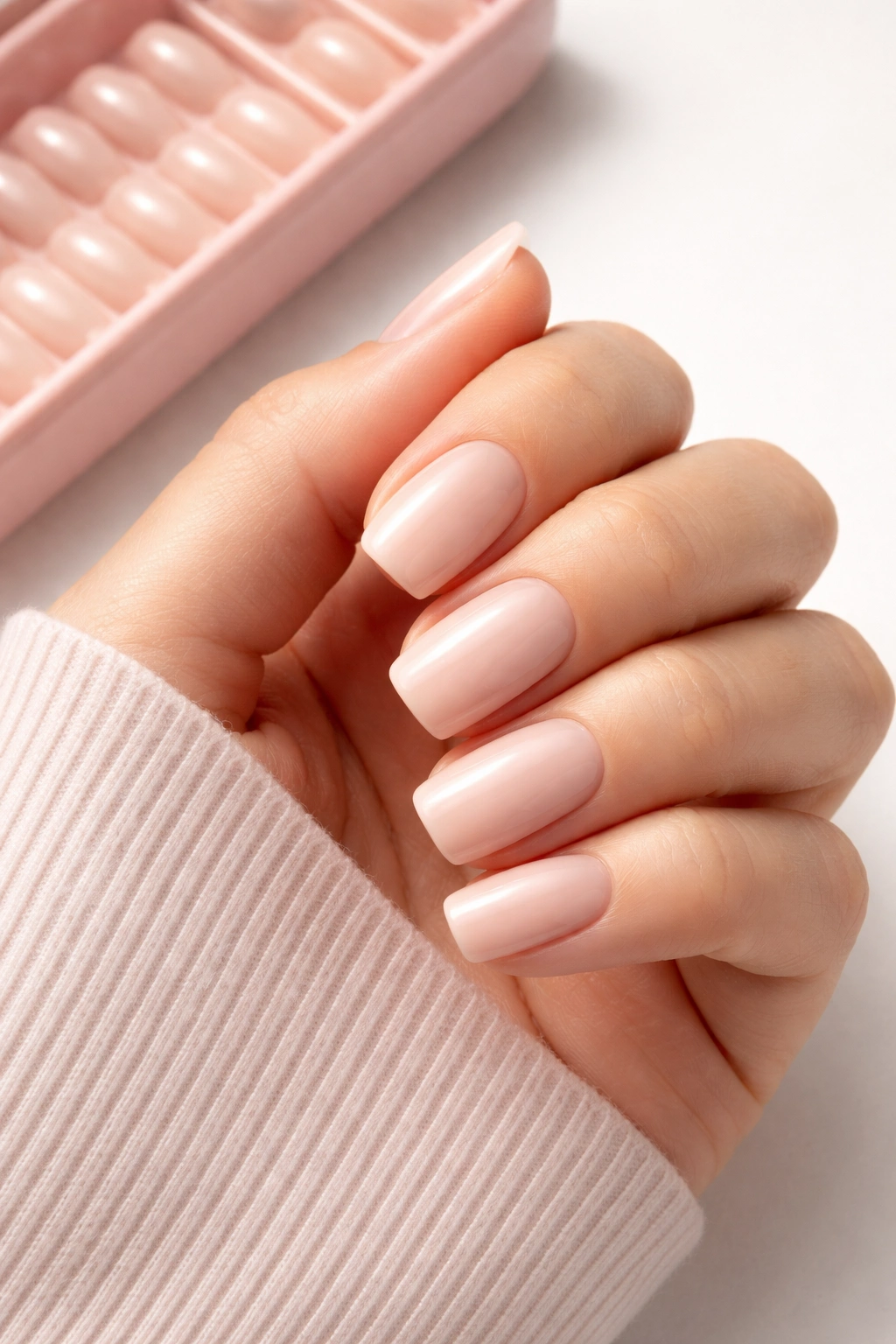 Close-up of Olive & June squoval press-on nails on a hand.