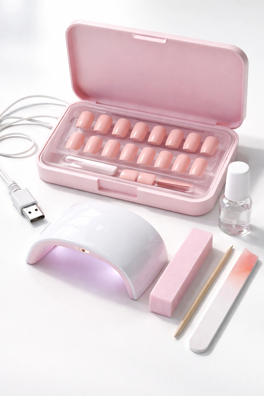 Open Olive & June squoval gel manicure set with tips and USB light on white background