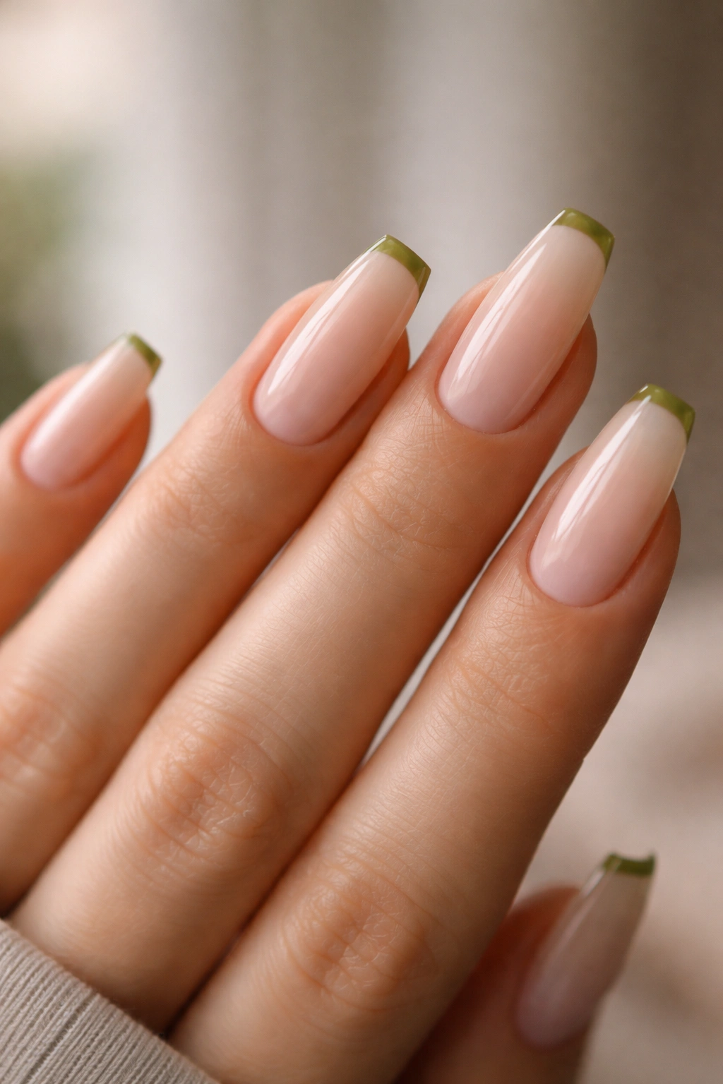 Close-up of olive micro-French tips on nude base ballerina nails