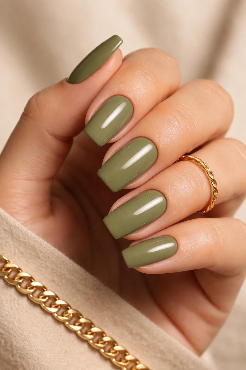 Close-up of nails painted in olive shade on a neutral background