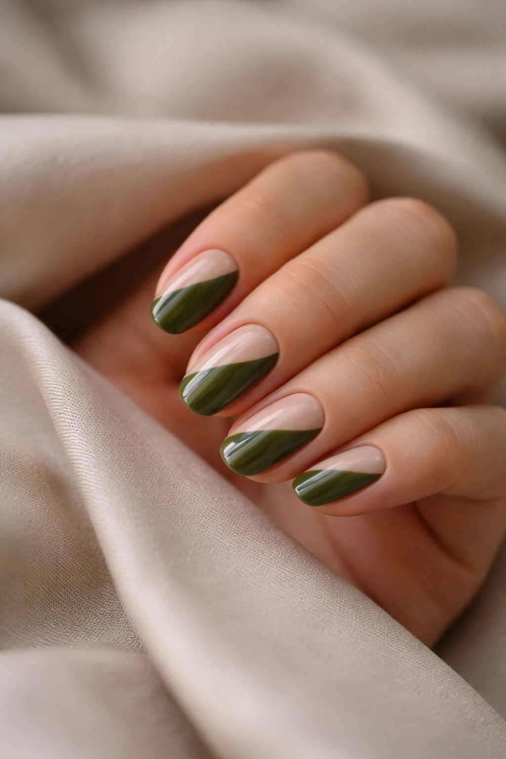 Short almond nails with olive green and nude color blocking