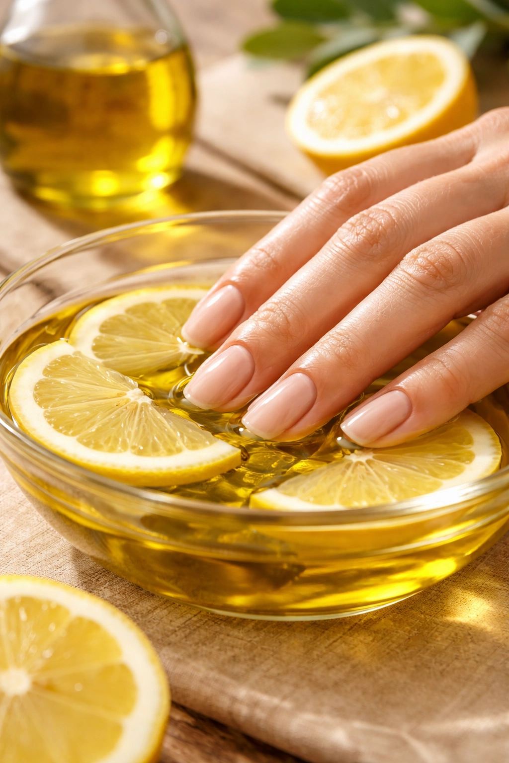 Nails soaking in olive oil with lemon slices for brightness and strength