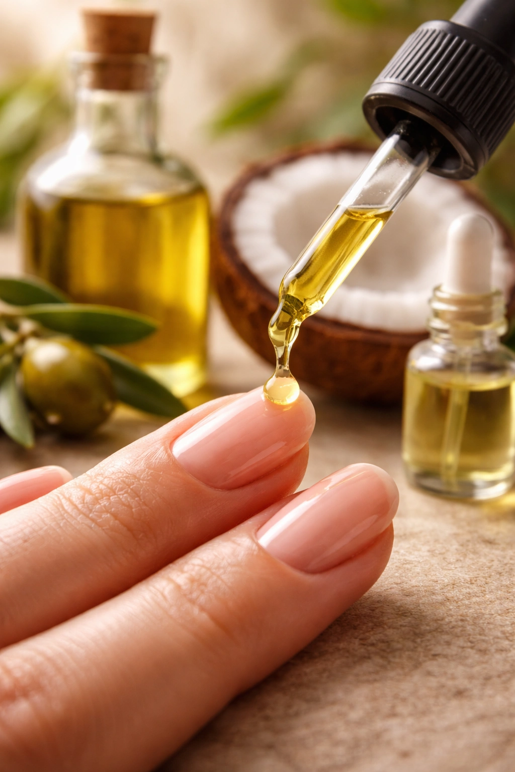 Nail being moisturized with olive oil during gentle polish removal