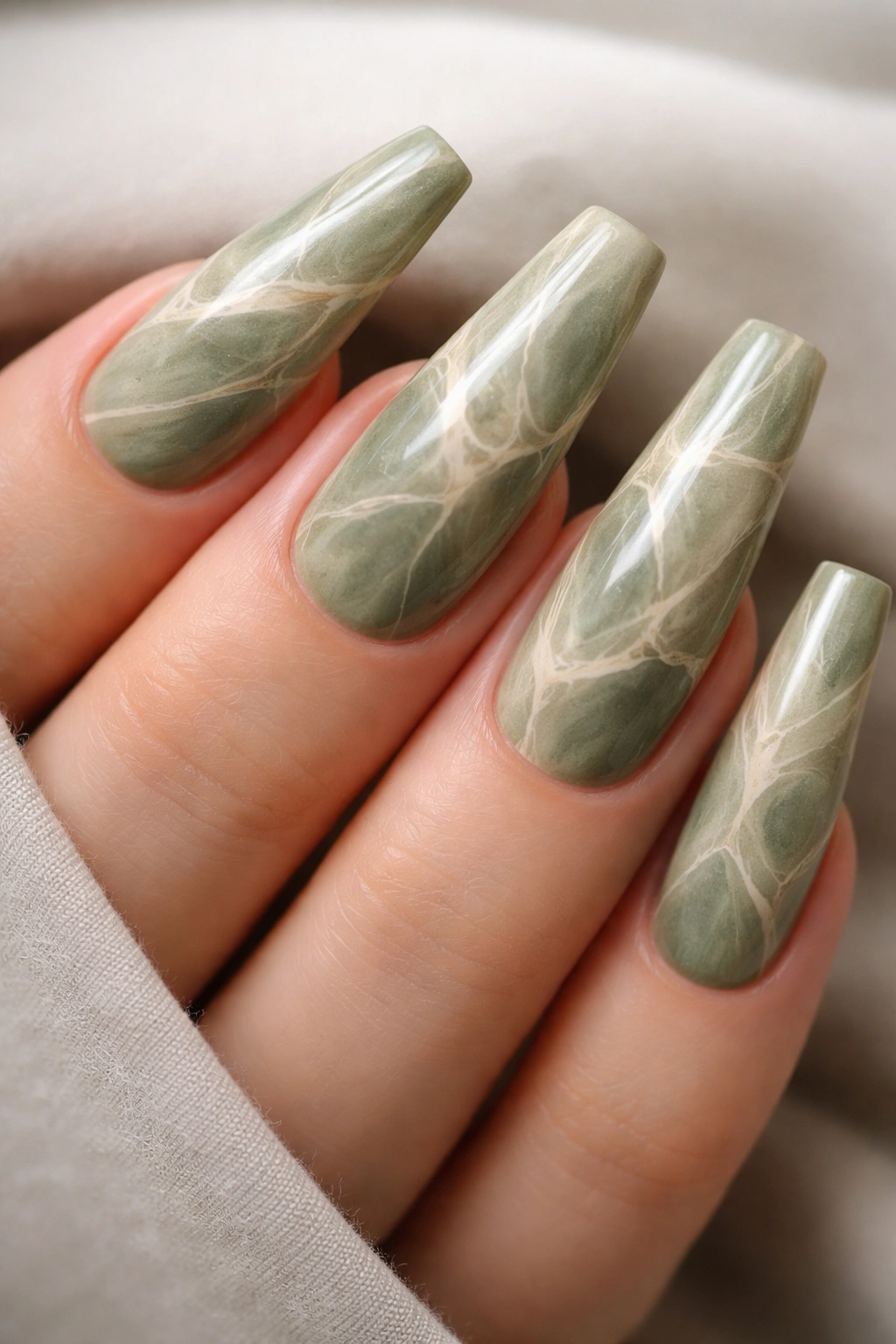 Olive-sage marble nails with cream veins on ballerina tips