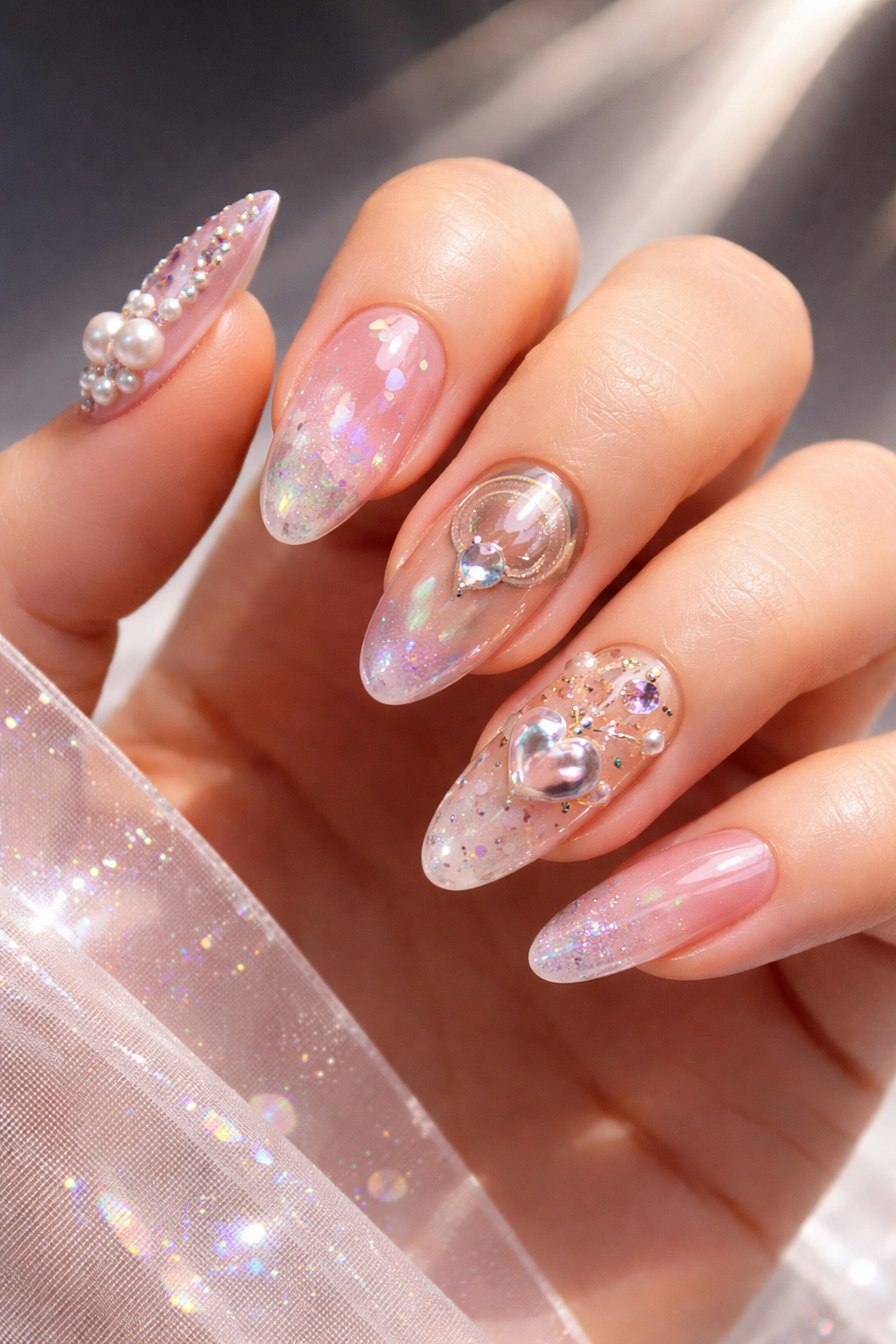 Close-up of hand displaying a mismatched nail set with different techniques