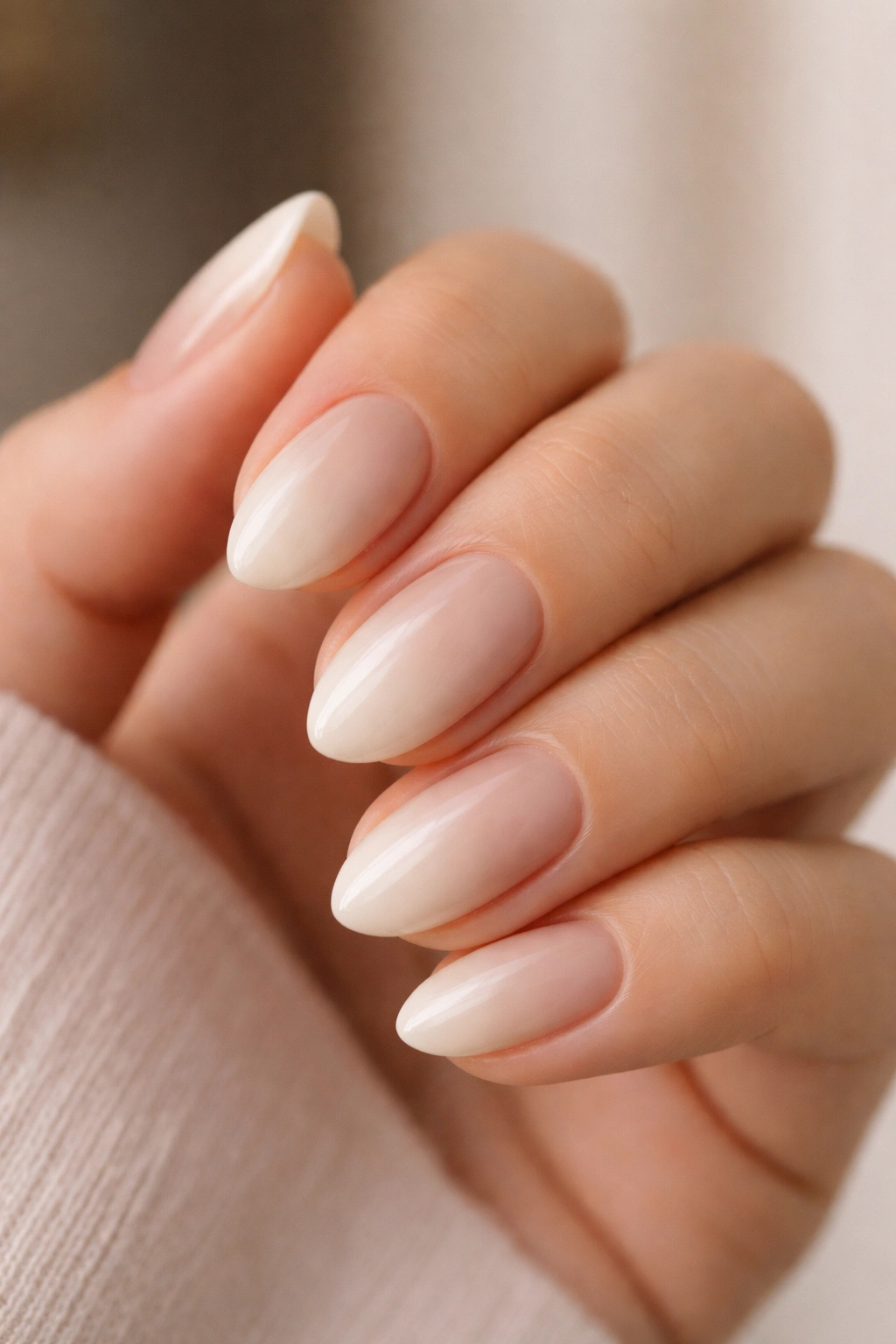 Short almond nails with soft beige to cream ombré, glossy
