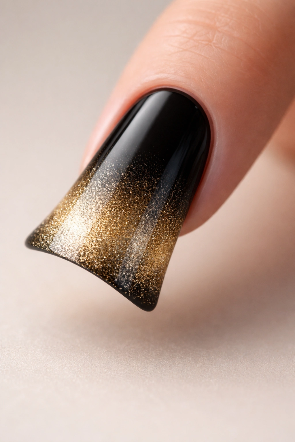 Close-up of a duck nail with black-to-gold ombre on the curved tip