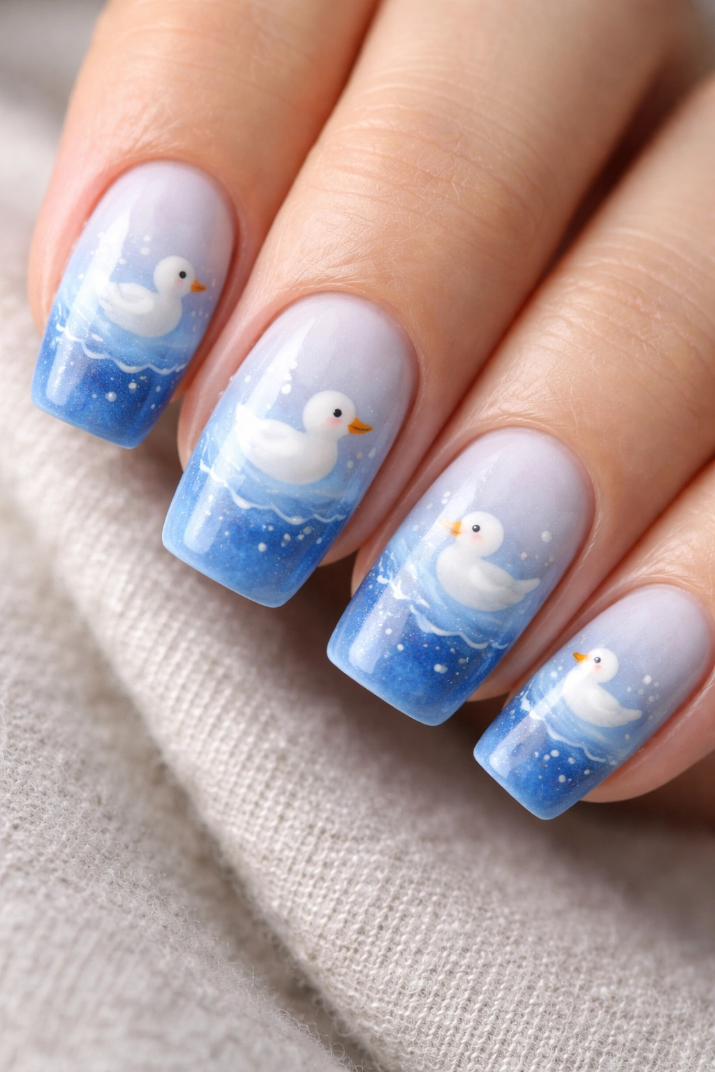 Nail showcasing ombre blue gradient with a white duck design