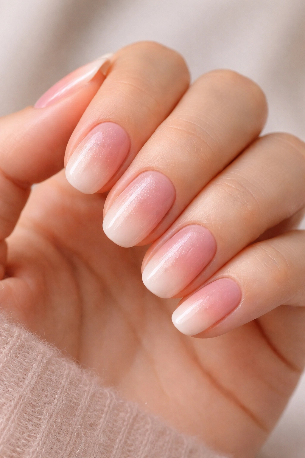 Close-up of short oval nails with blush ombré gradient