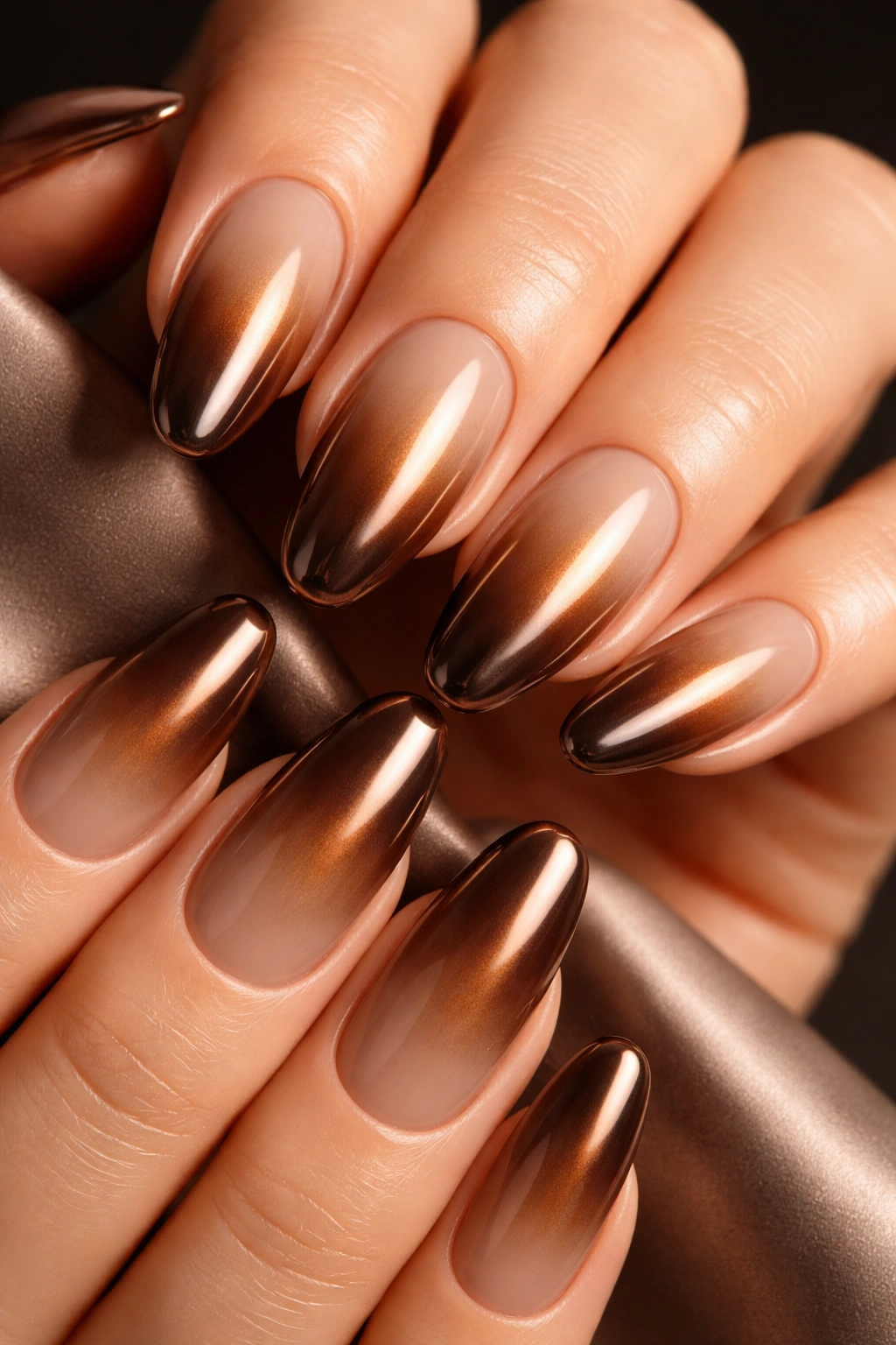 Close-up of ombré brown chrome nails with pale to espresso gradient
