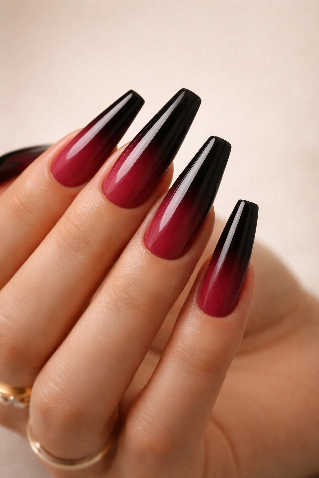 Coffin nails with burgundy to black ombré gradient
