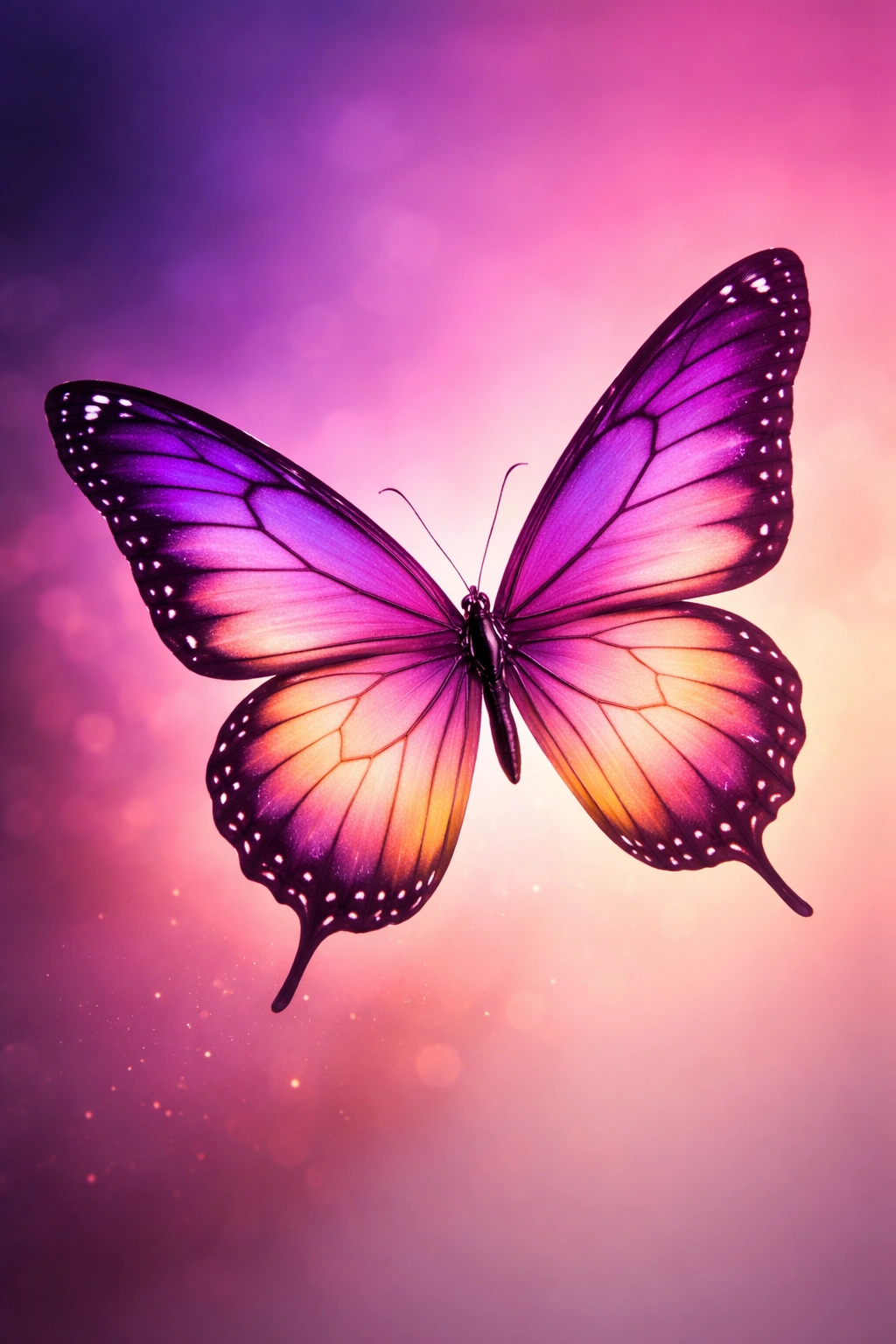 Ombre butterfly nail art on long stiletto nails with gradient wings