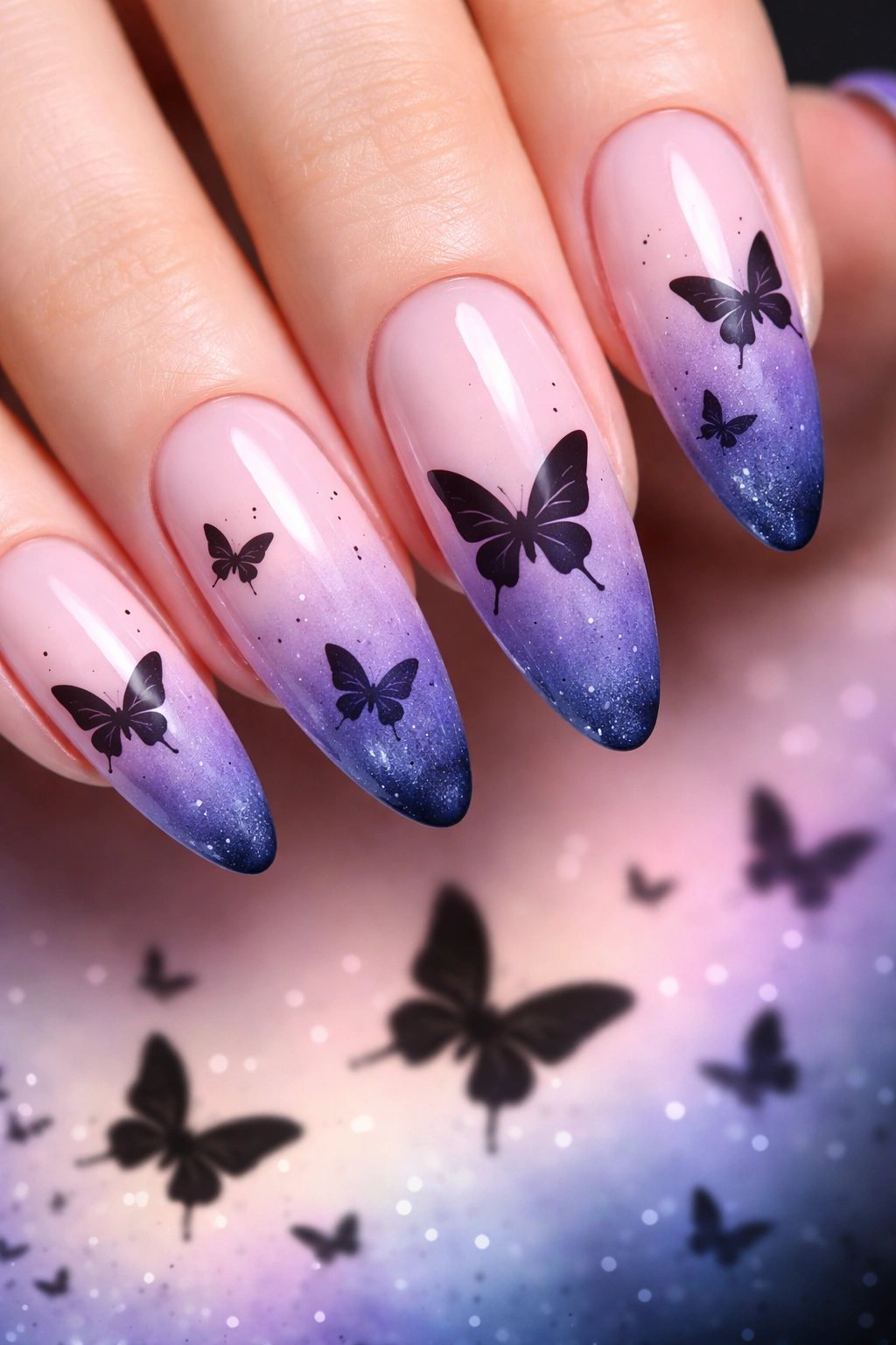 Nails with ombre gradient and black butterfly silhouettes