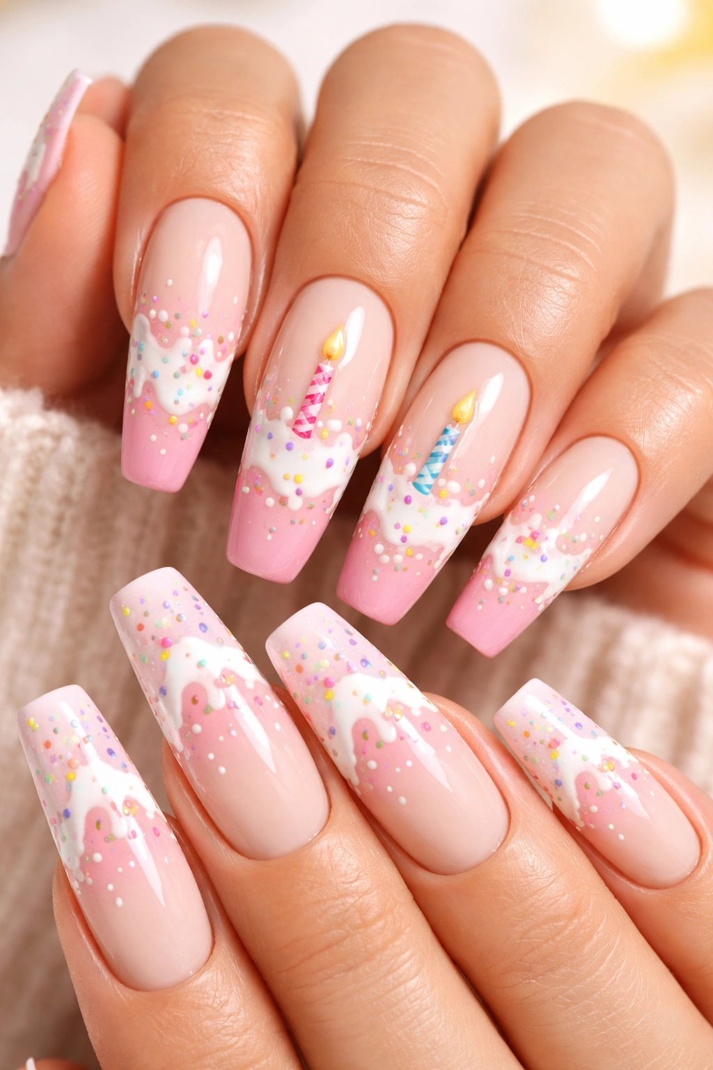 Ombre cake-inspired nails with frosting swirls and candles