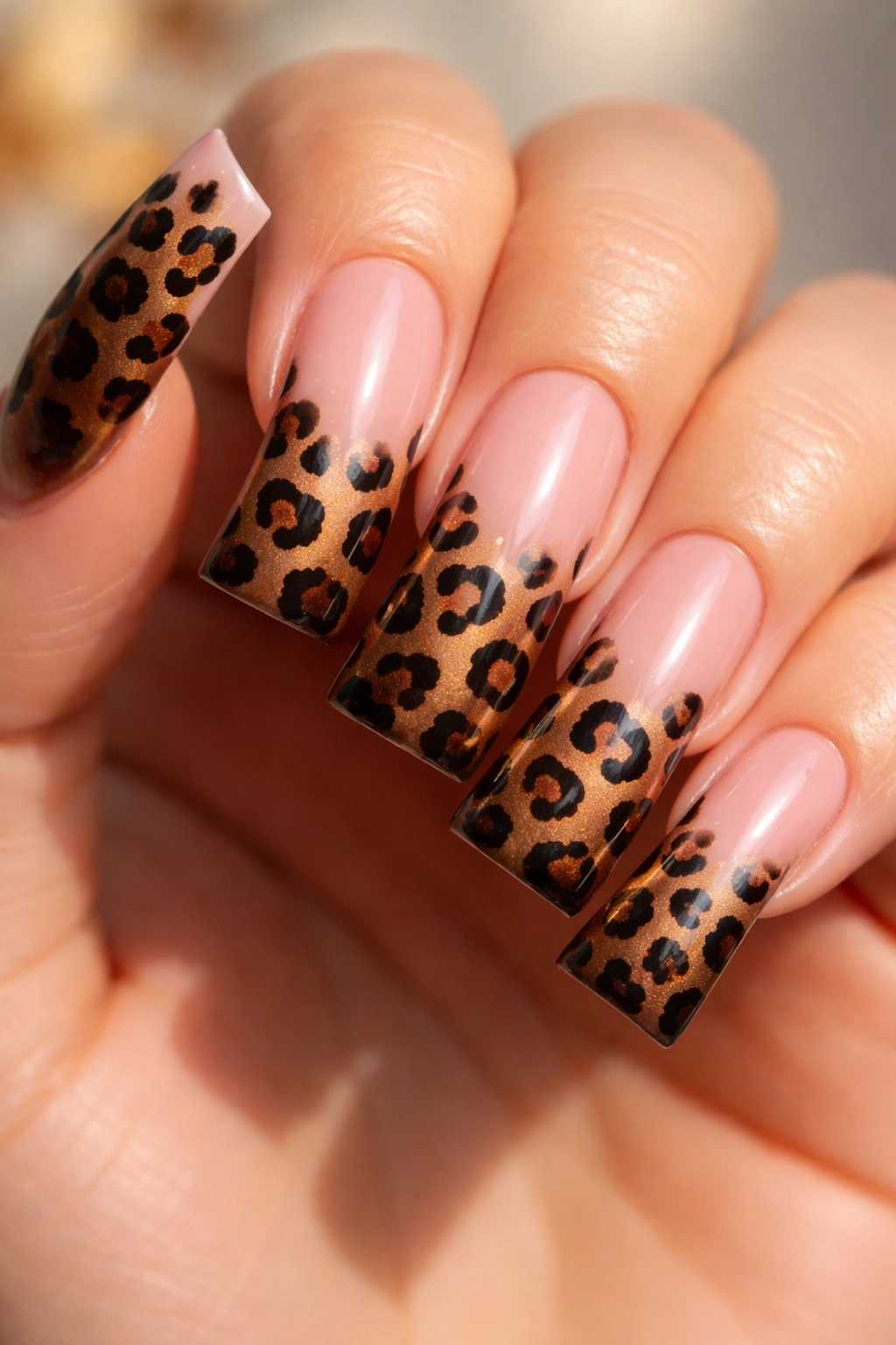 Duck nail with blush to bronze gradient and cheetah spots