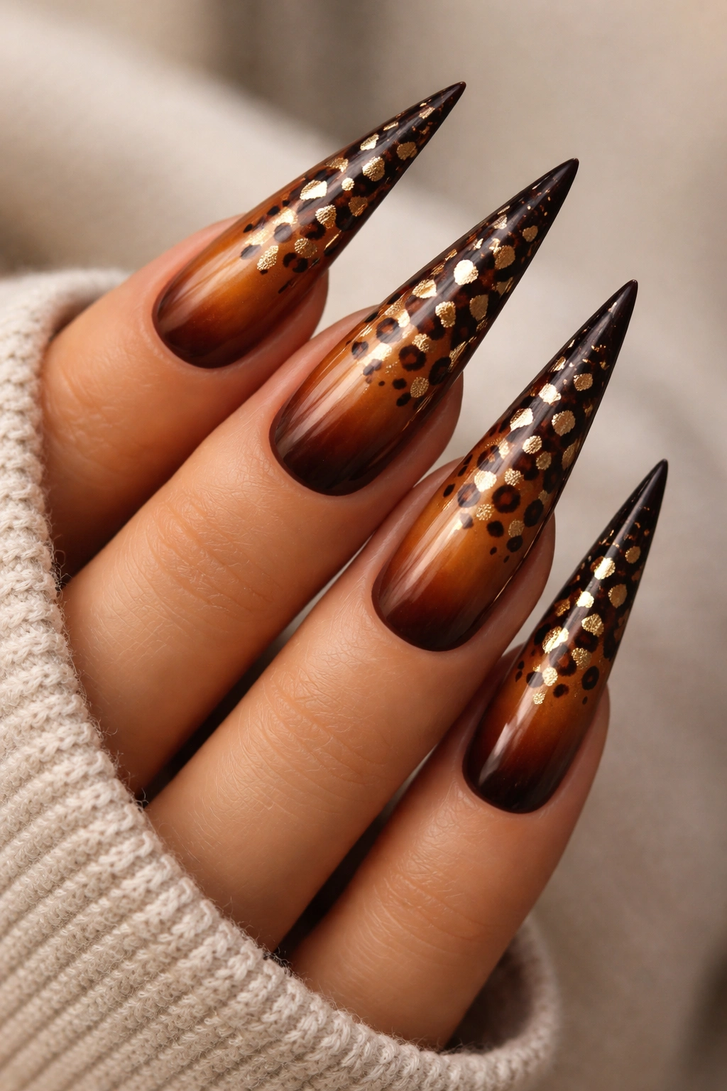 Ombre cheetah nails on stiletto with gradient and accent spots