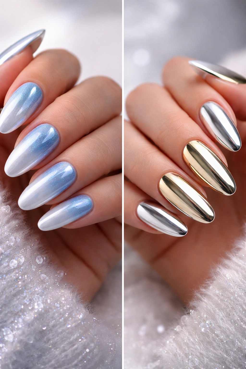 Nails with blue-to-white ombré chrome and silver-gold split chrome