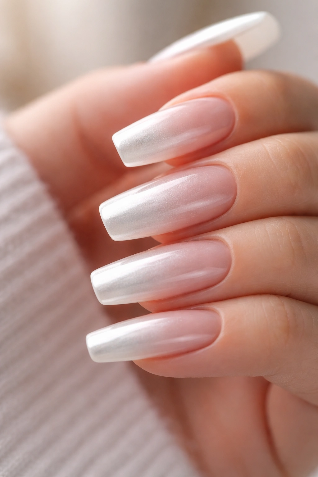 Ombré white chrome fading from tip to cuticle on ballerina nails