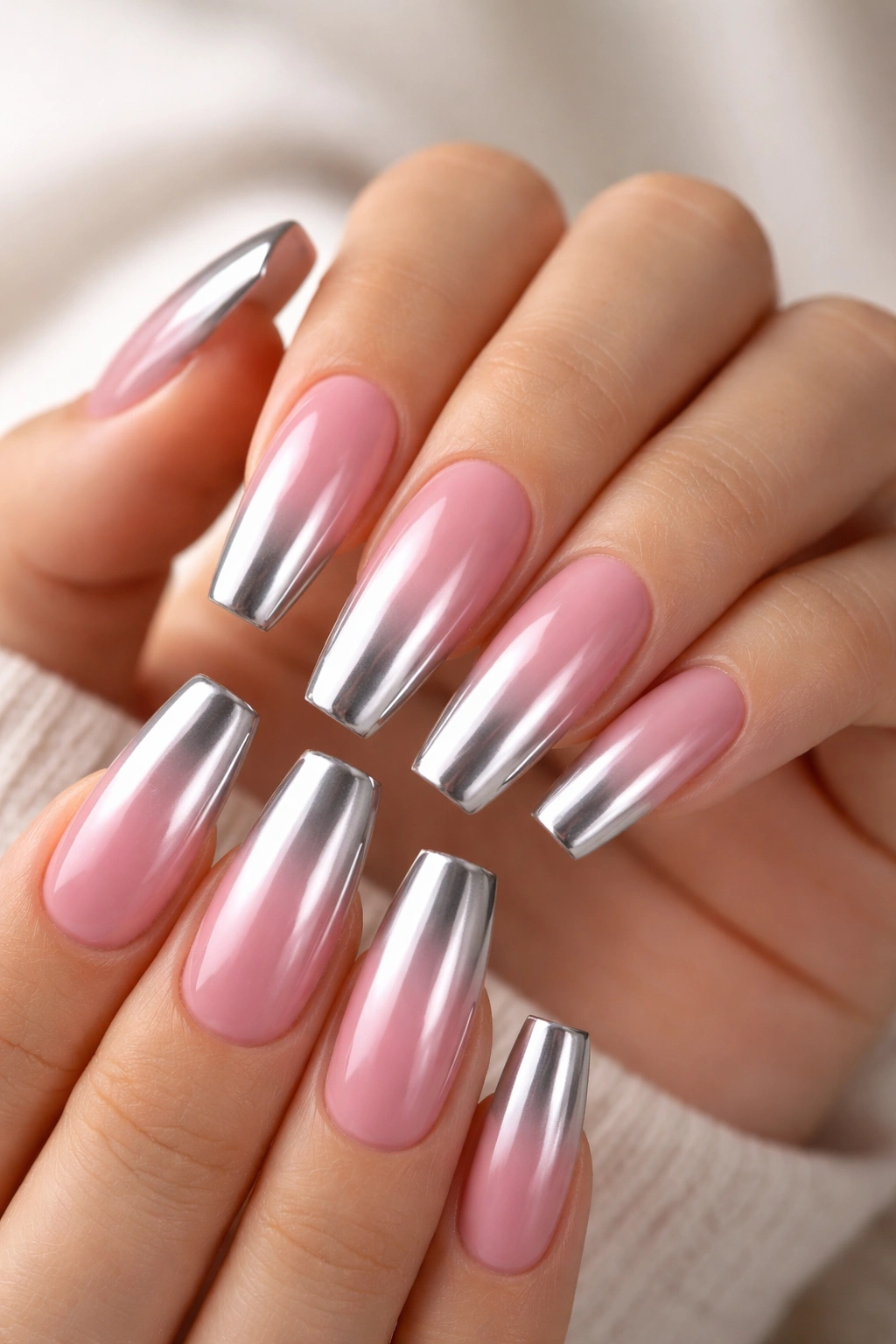 Close-up of coffin nails with pink-to-silver ombre and chrome tips