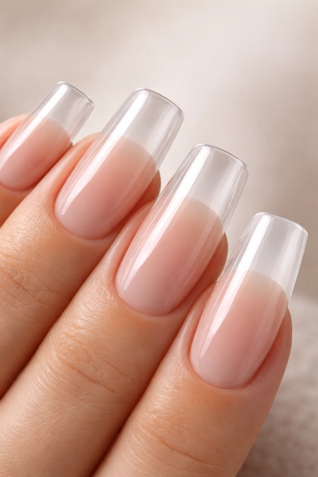 Clear to white ombré duck nail with soft gradient at tip