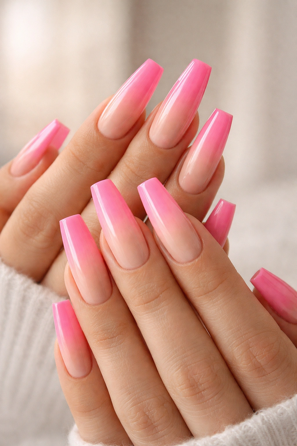 Ombre coffin nails gradient from nude to pink
