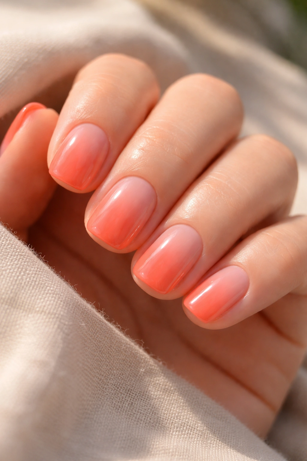 Close-up of short squoval nails with coral to blush ombré fade