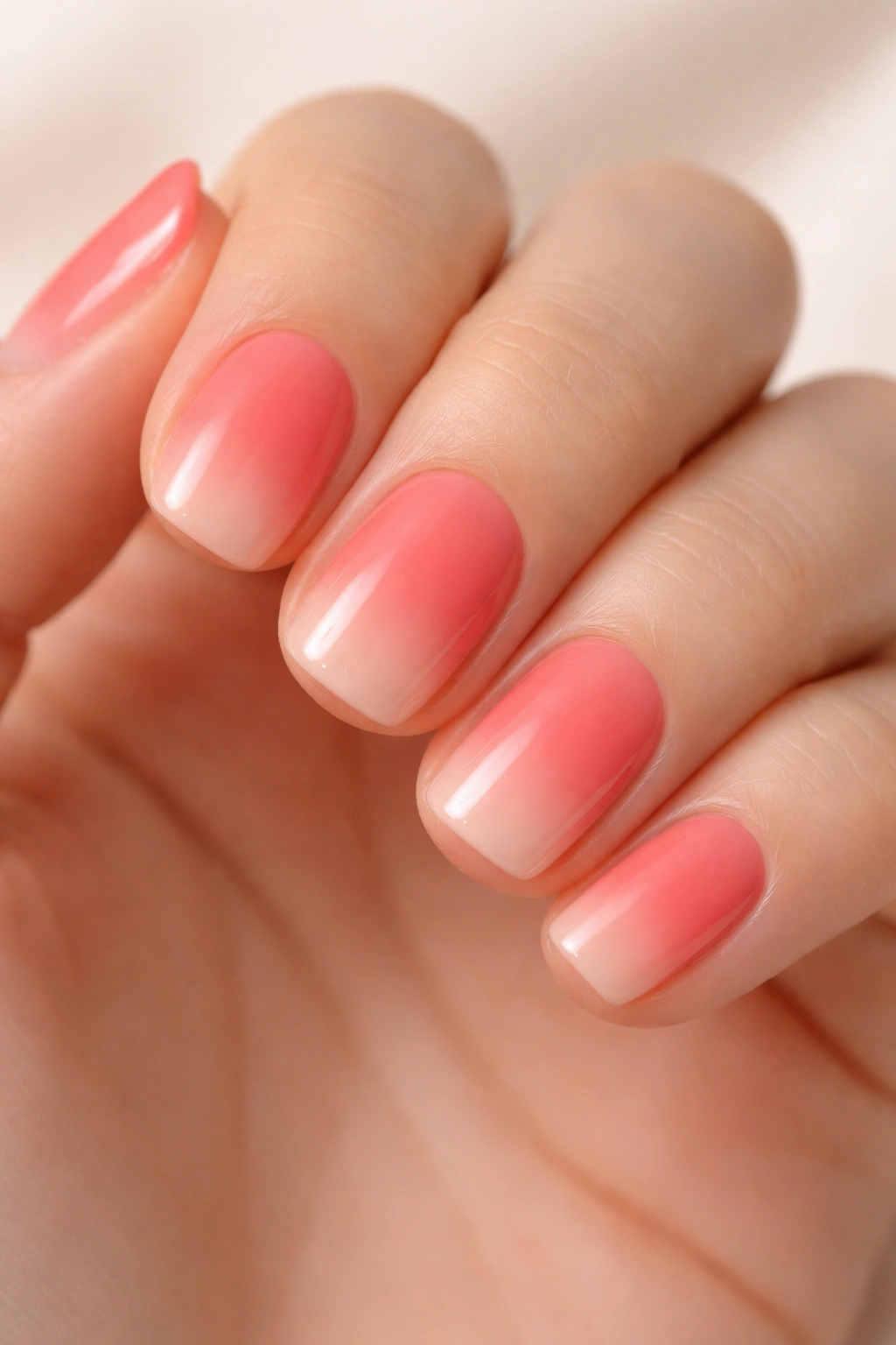 Subtle coral-to-nude gradient on short squoval nails