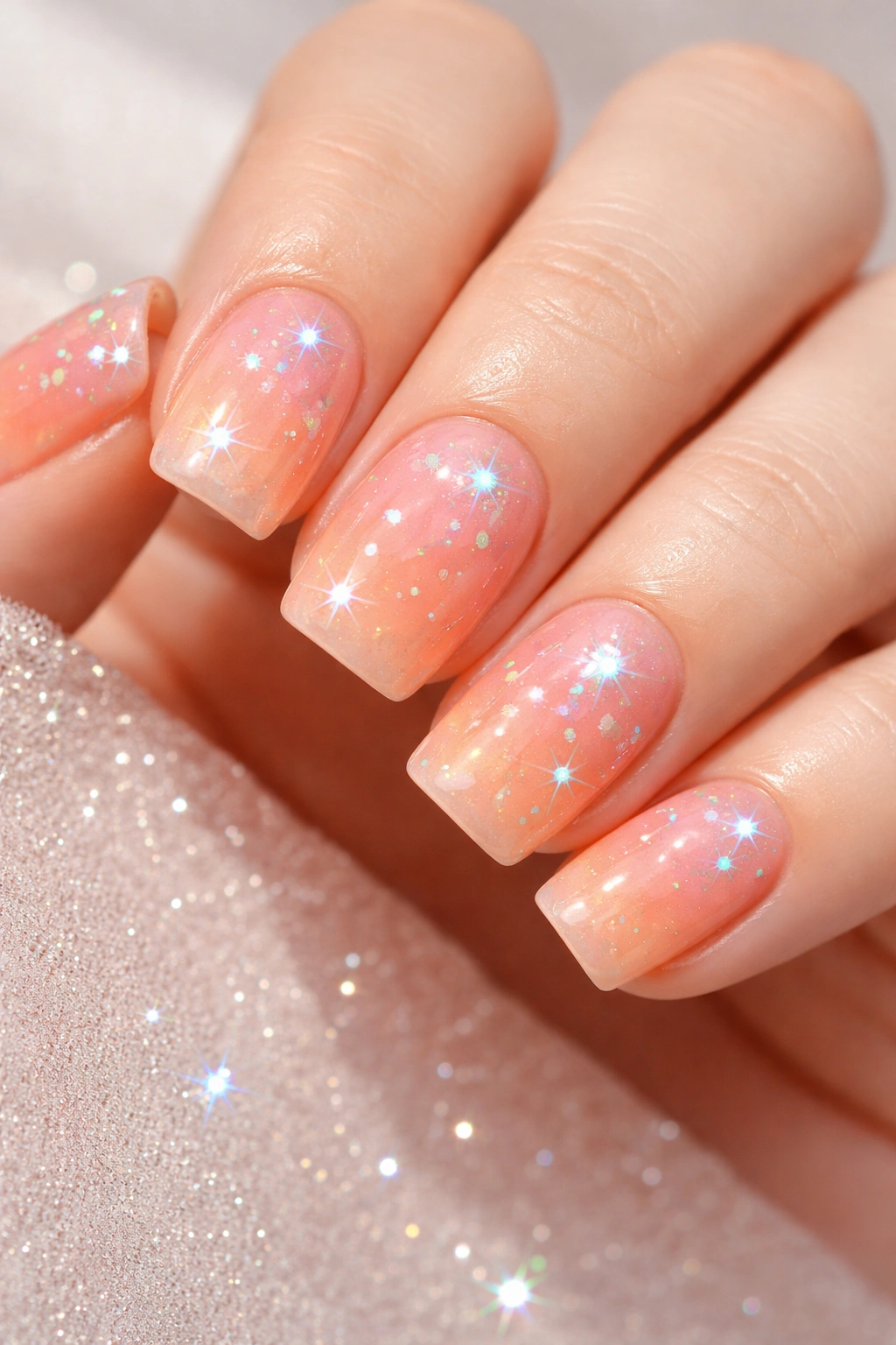 Close-up of ombré coral-to-peach nails with iridescent stars.