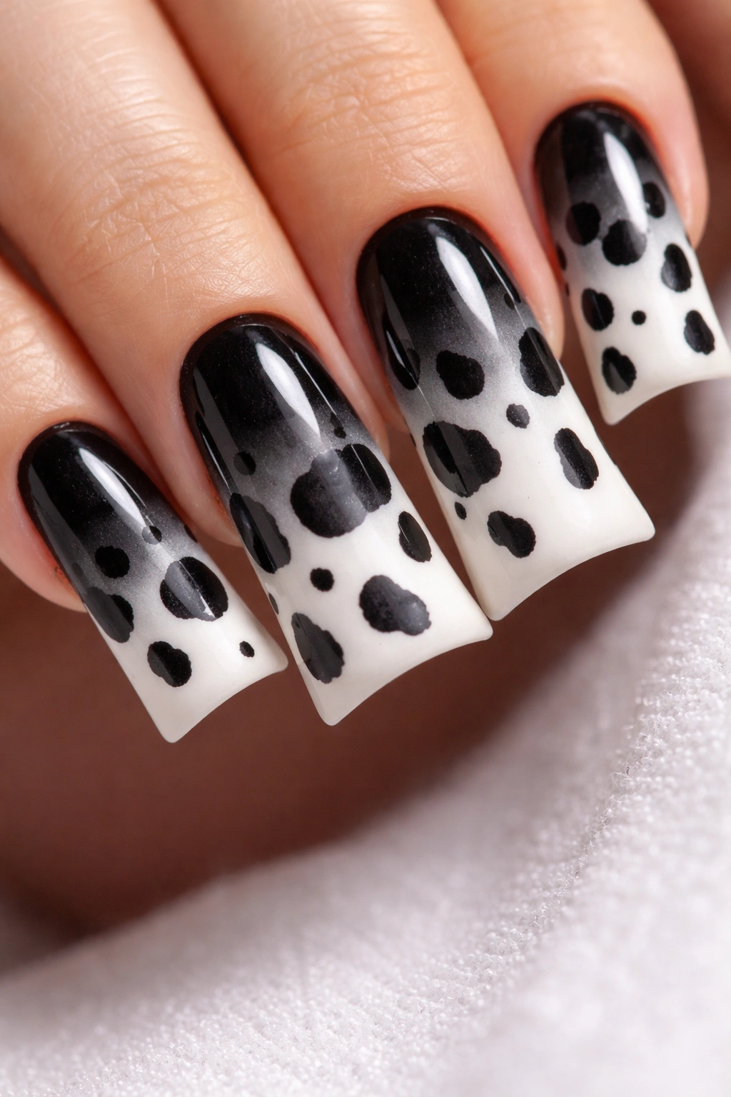 Duck nails with black-to-white ombre gradient and cow print spots