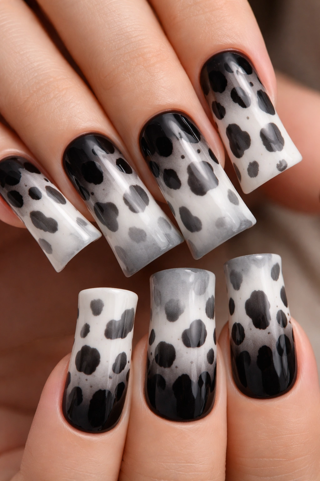 Ombre cow print nails on duck nails transitioning white gray black