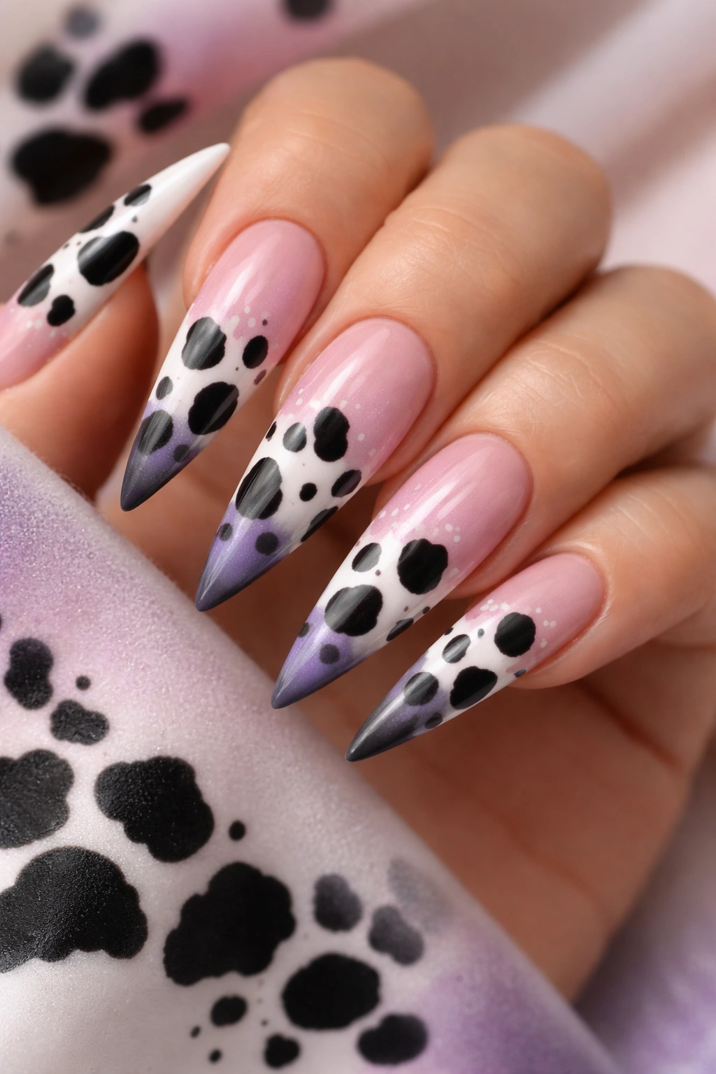 Close-up of ombre cow print fade on stiletto nails with gradient background