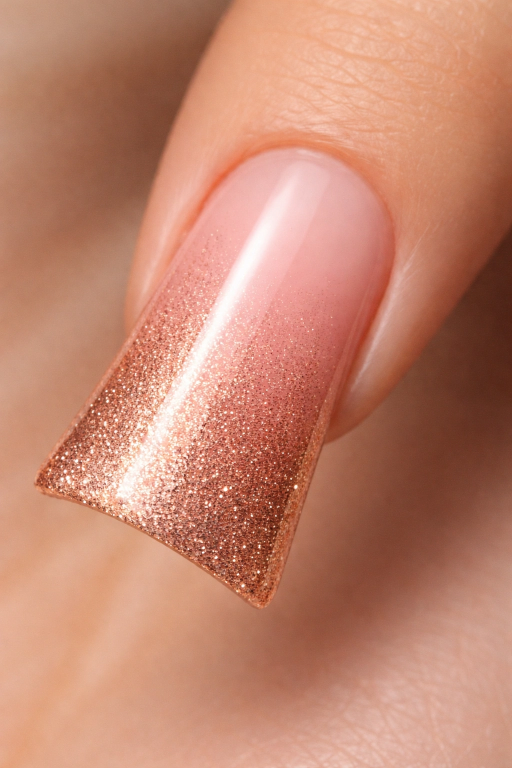 Close-up of a duck nail with rose gold to blush pink ombré gradient
