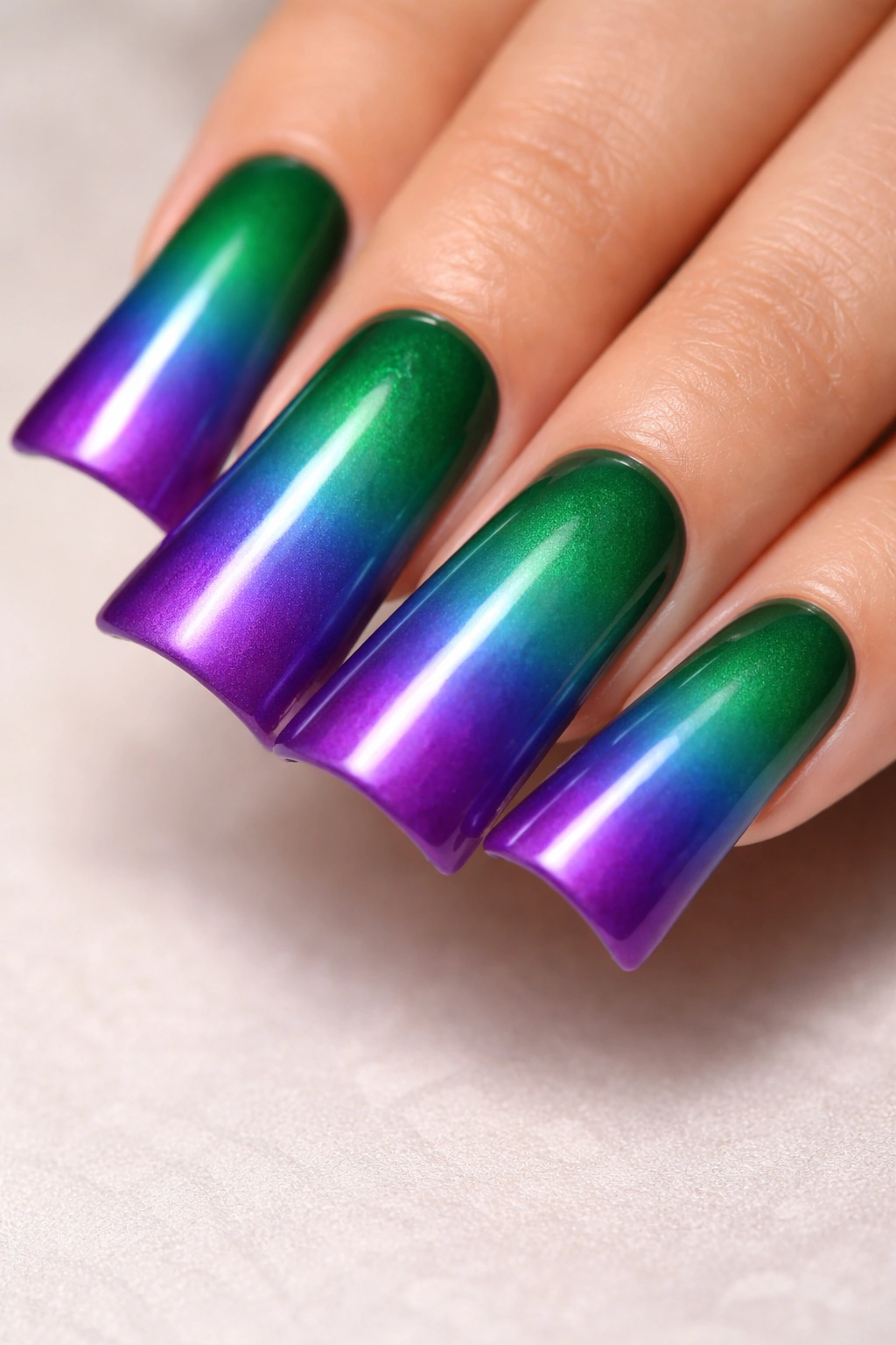 Duck nails with emerald to blue to purple ombre gradient