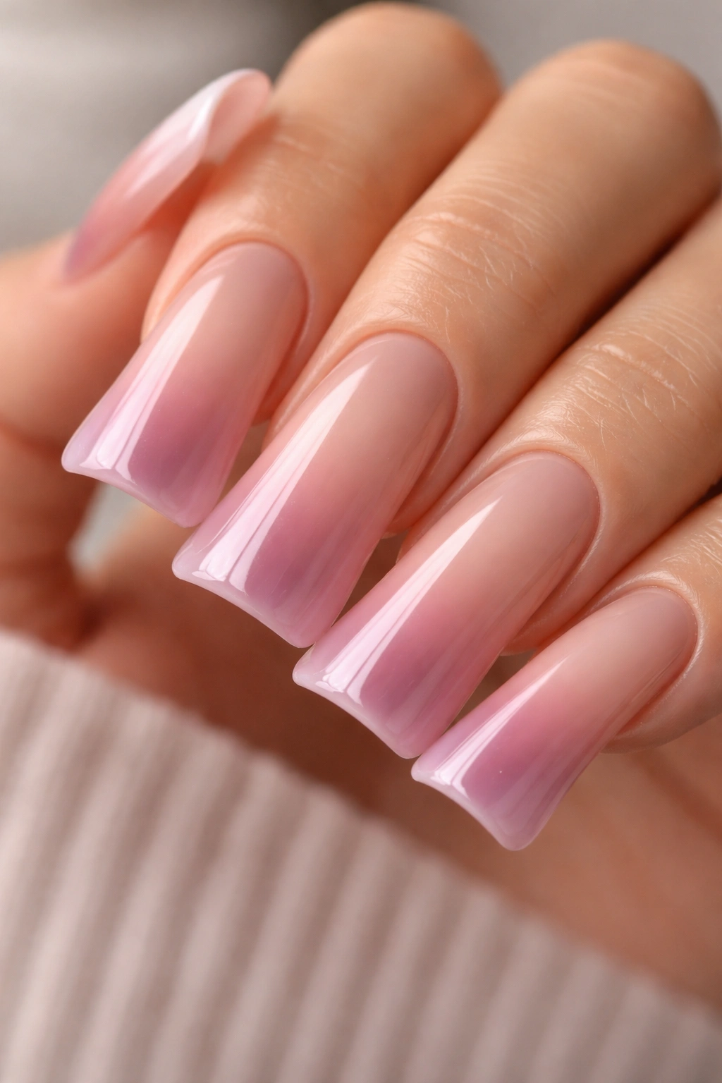 Ombre duck nails with nude to deep gradient on gel extensions