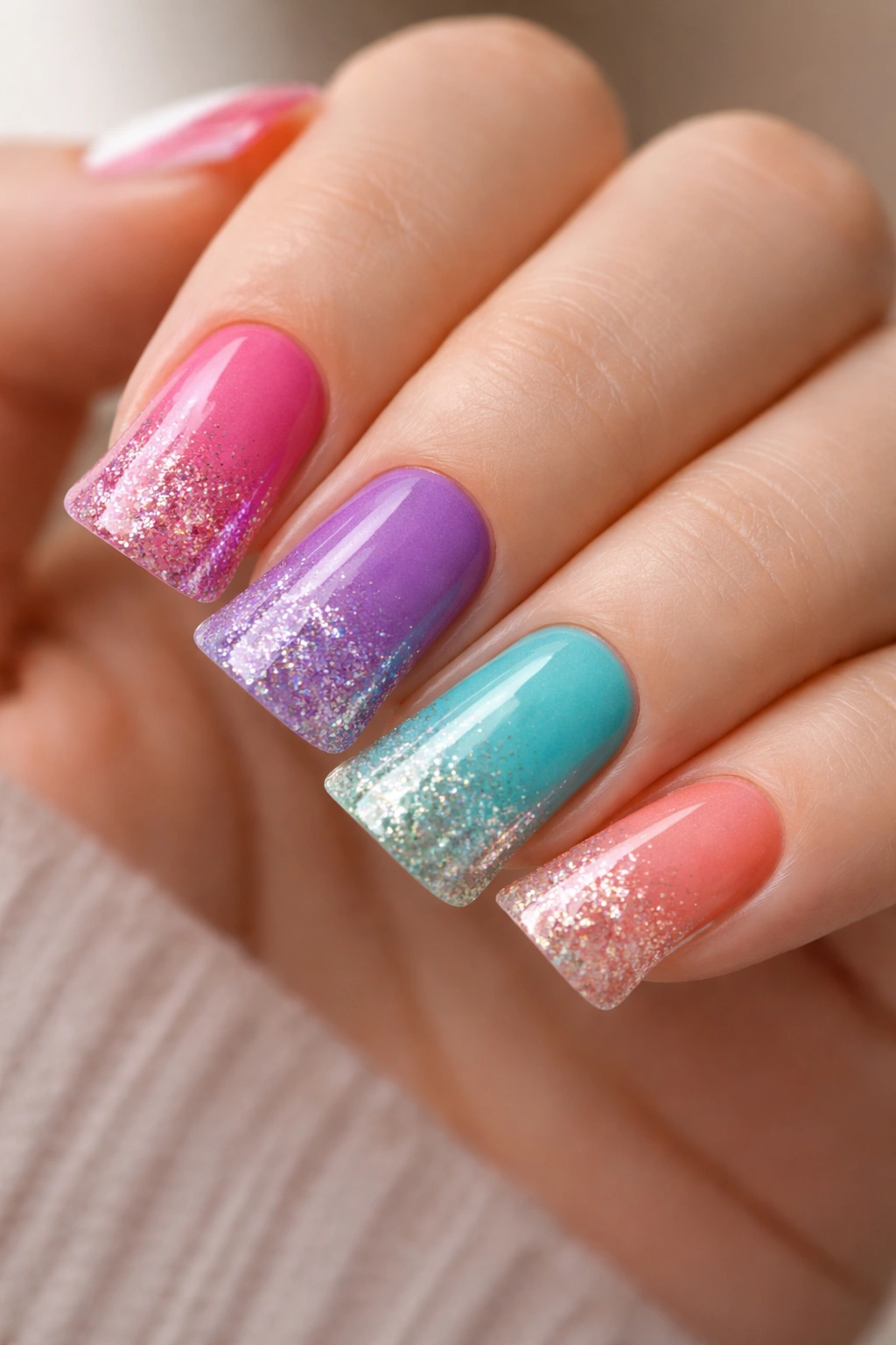 Close-up of short duck nails with color-to-glitter ombre on a hand