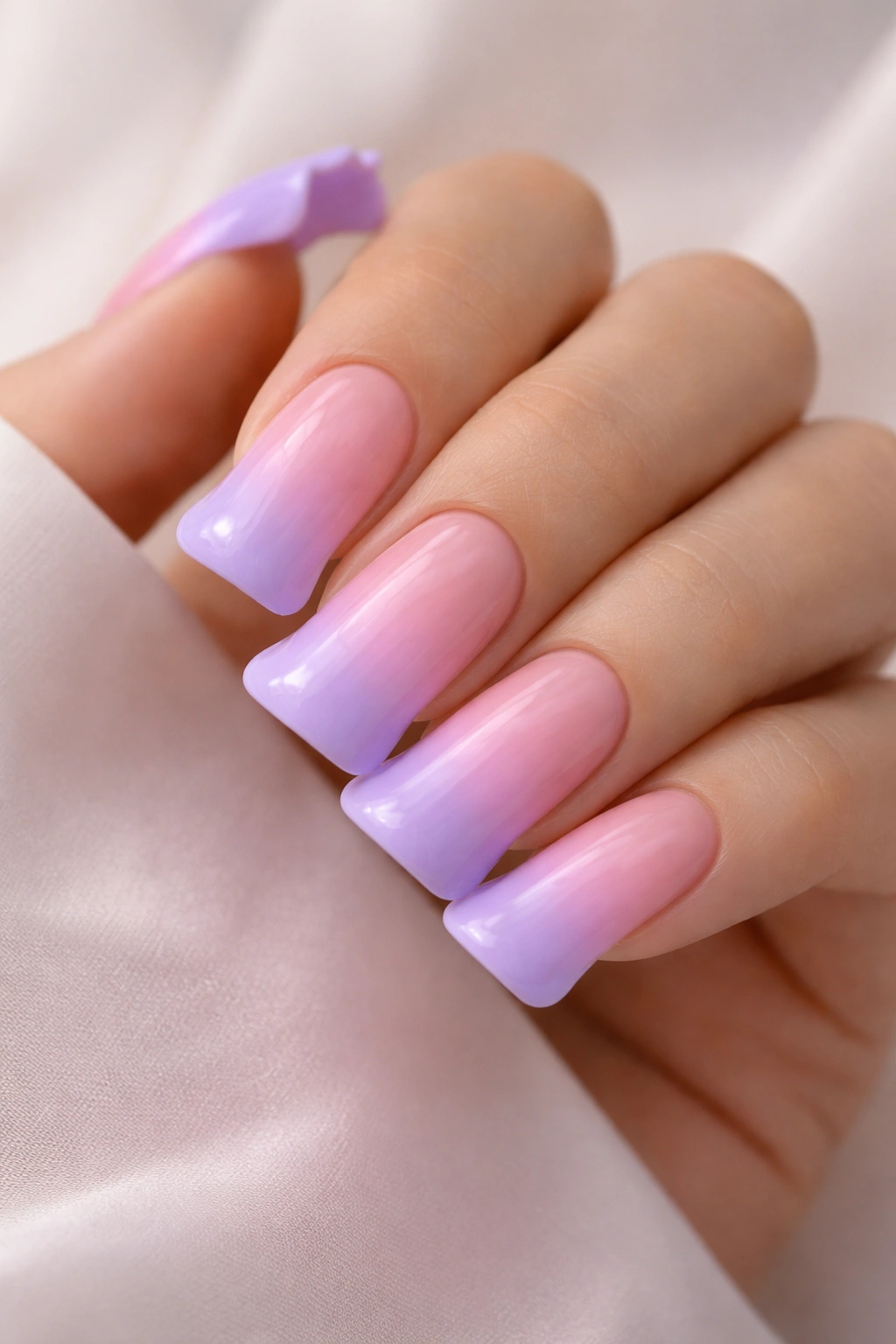 Close-up of a hand with ombre duck nails in pink-to-lavender gradient on curved nails