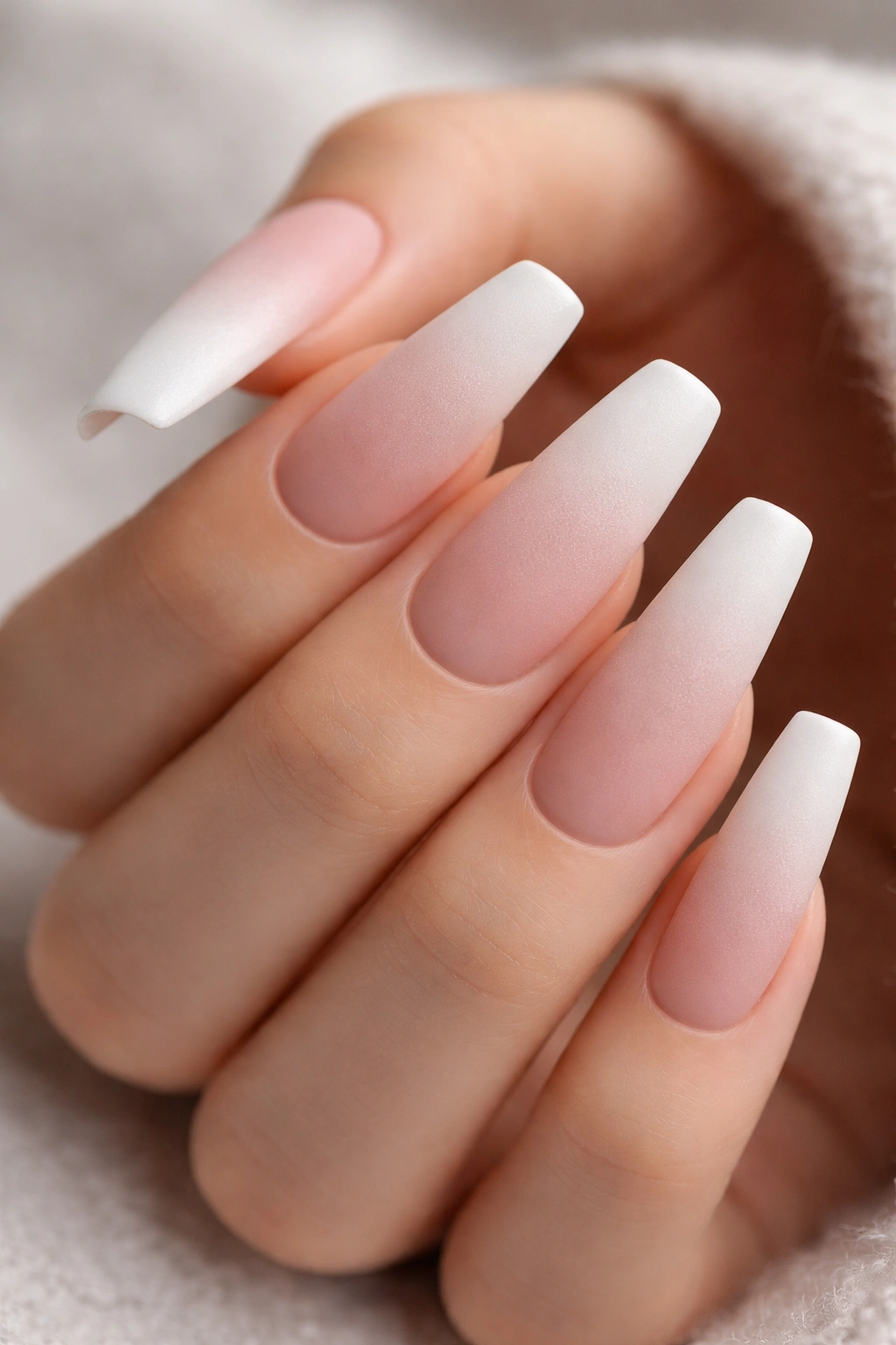 Close-up of long coffin nails with a soft ombre dust matte finish