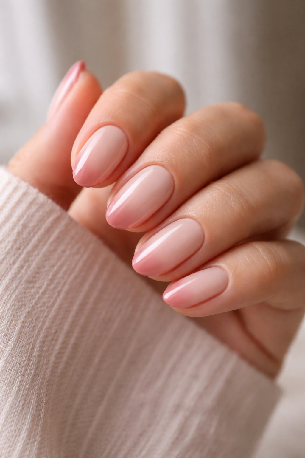 Close-up of short almond nails with creamy nude to dusty rose ombré