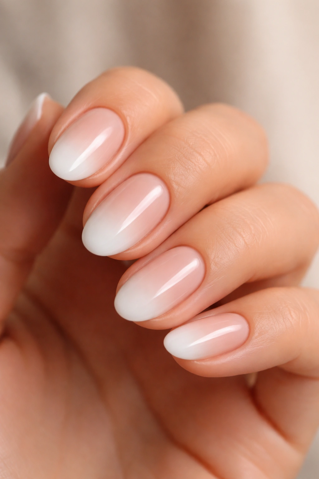 Close-up of short almond nails with a white-to-nude ombré fade