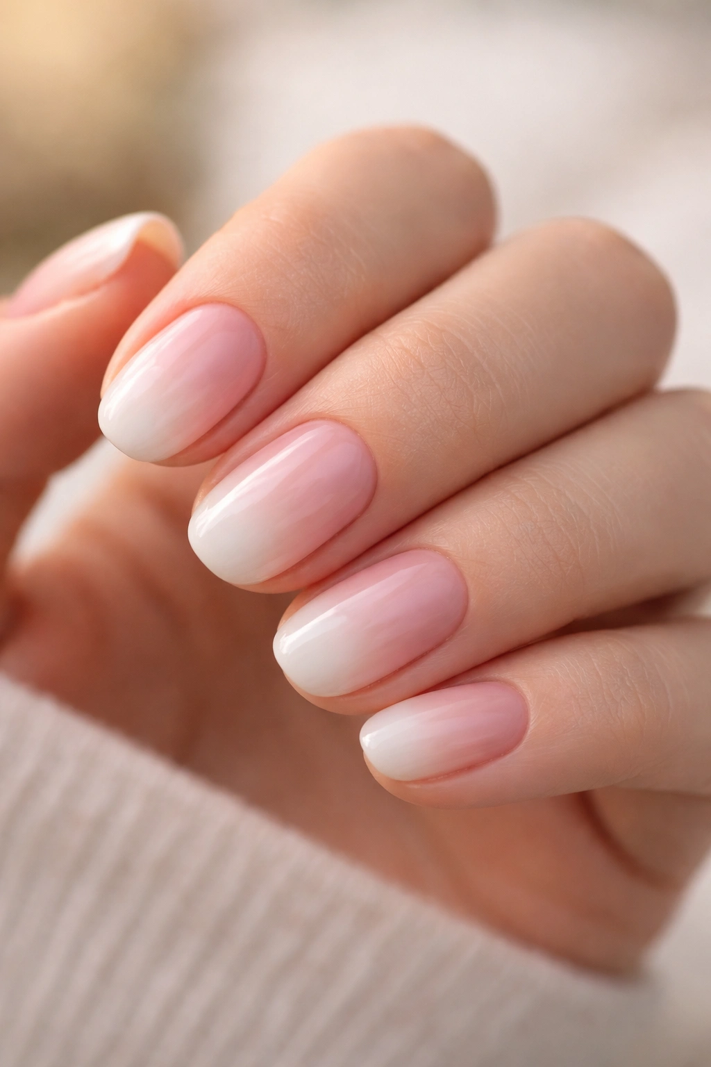 Close-up of short oval nails with pink to white ombré fade