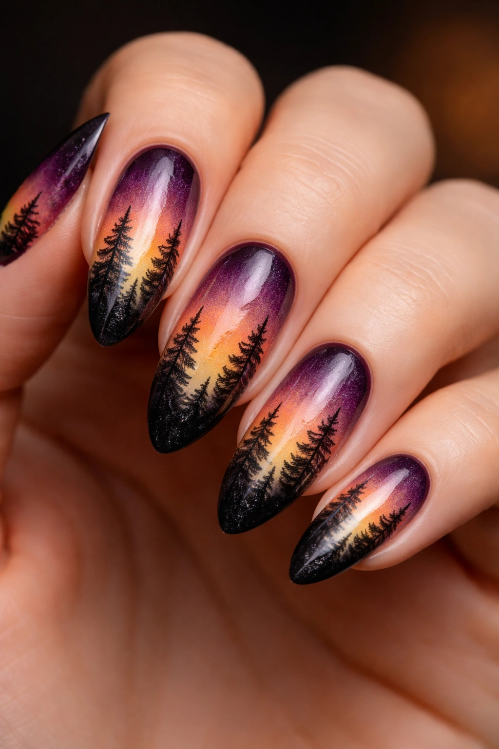 Close-up of almond nails with purple-orange-yellow ombre and black tree silhouettes.